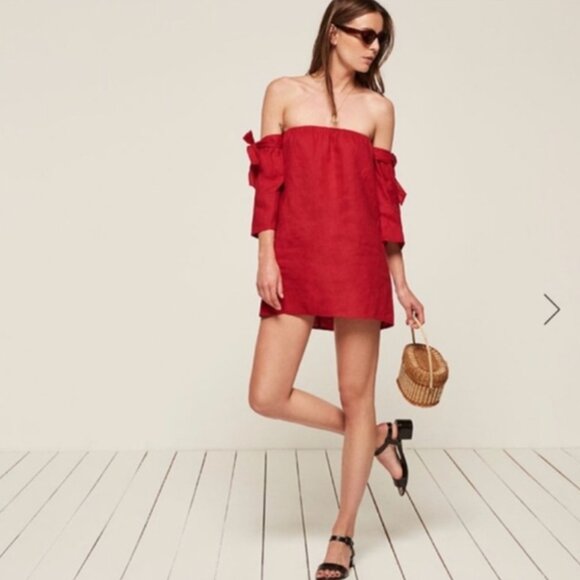 Reformation Carlita Red Off the Shoulder Tie Dress Size Large - Picture 1 of 9